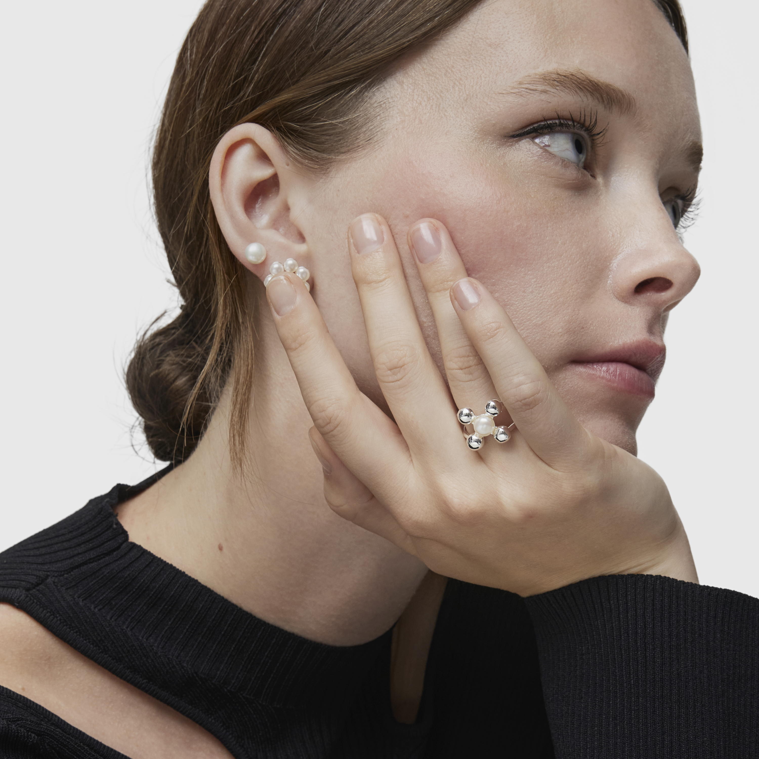 Large silver and cultured pearl motifs Ring Sugar Party