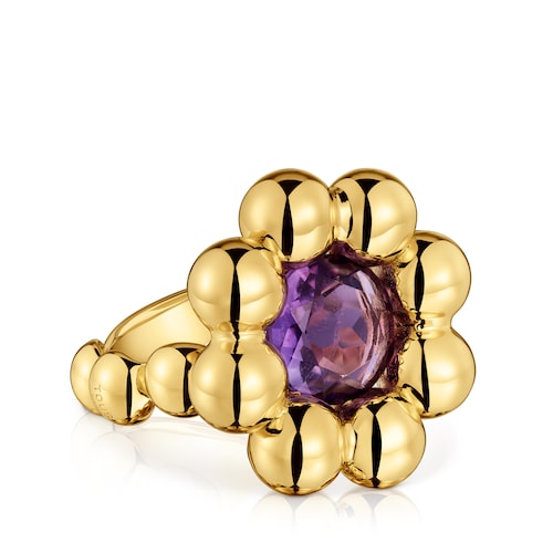 Medium flower Ring with 18kt gold plating over silver and amethyst Sugar Party