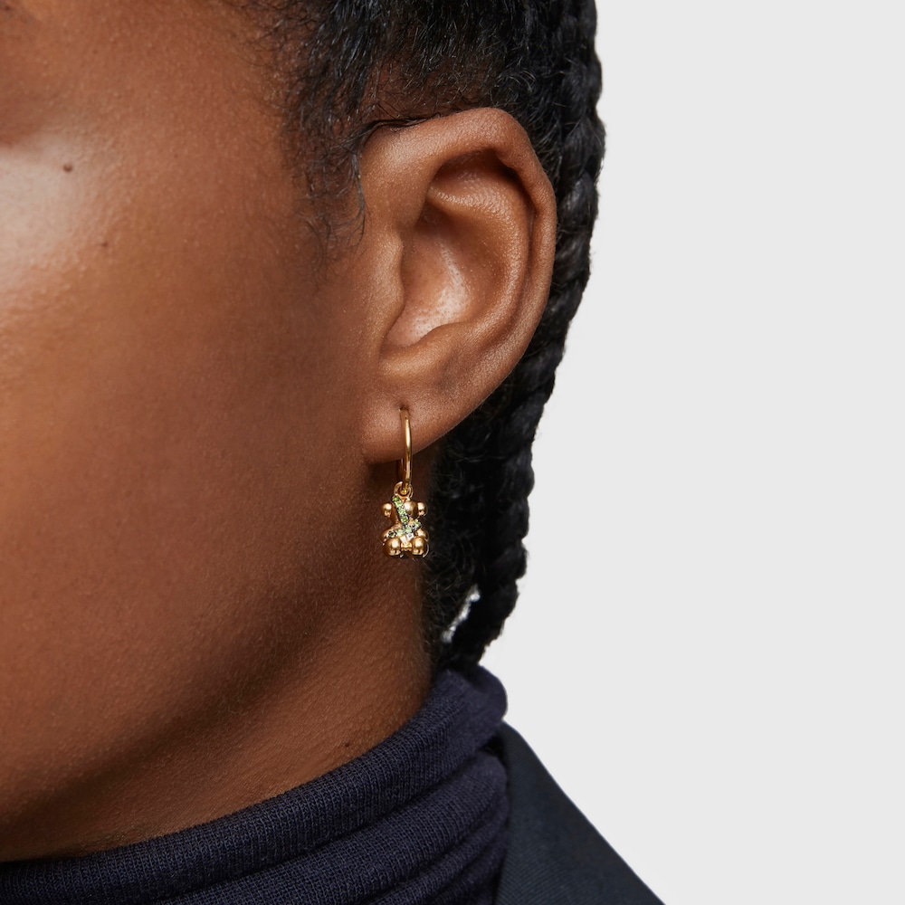 Short 18kt gold-plated silver bear Hoop earrings with chrome diopside Lligat image number 5