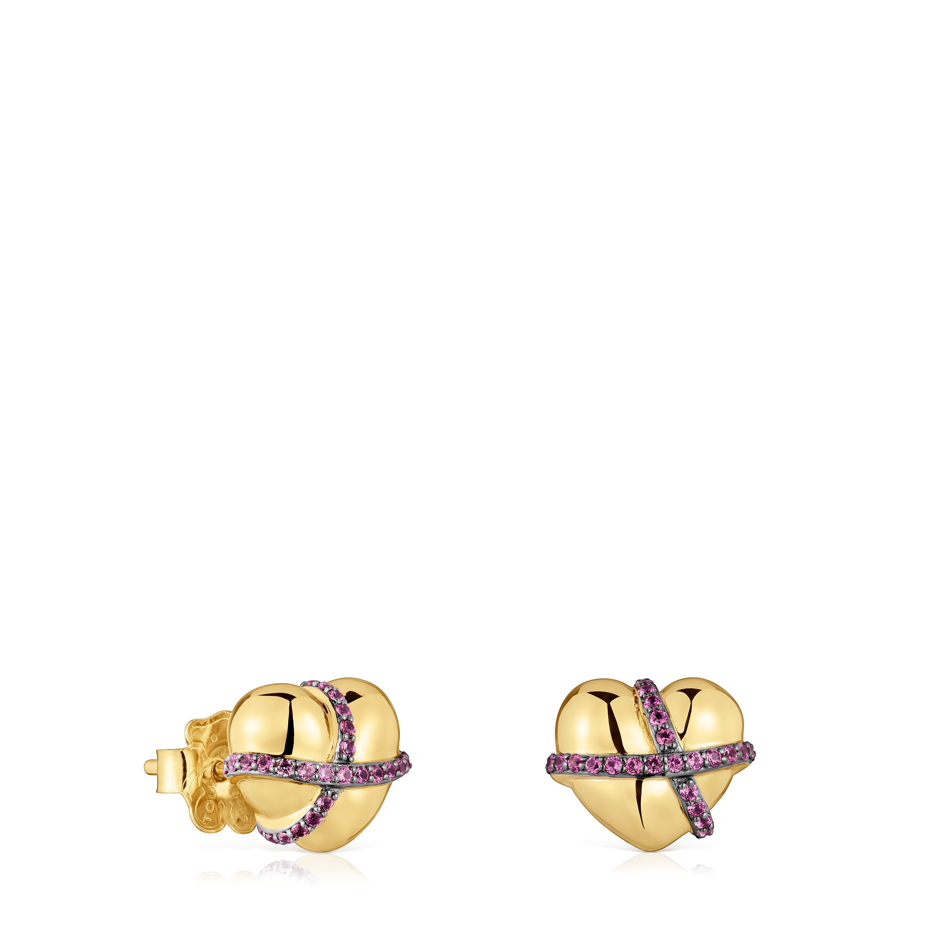 Pendientes pequeños corazón con baño de oro 18 kt sobre plata y rodolita Lligat