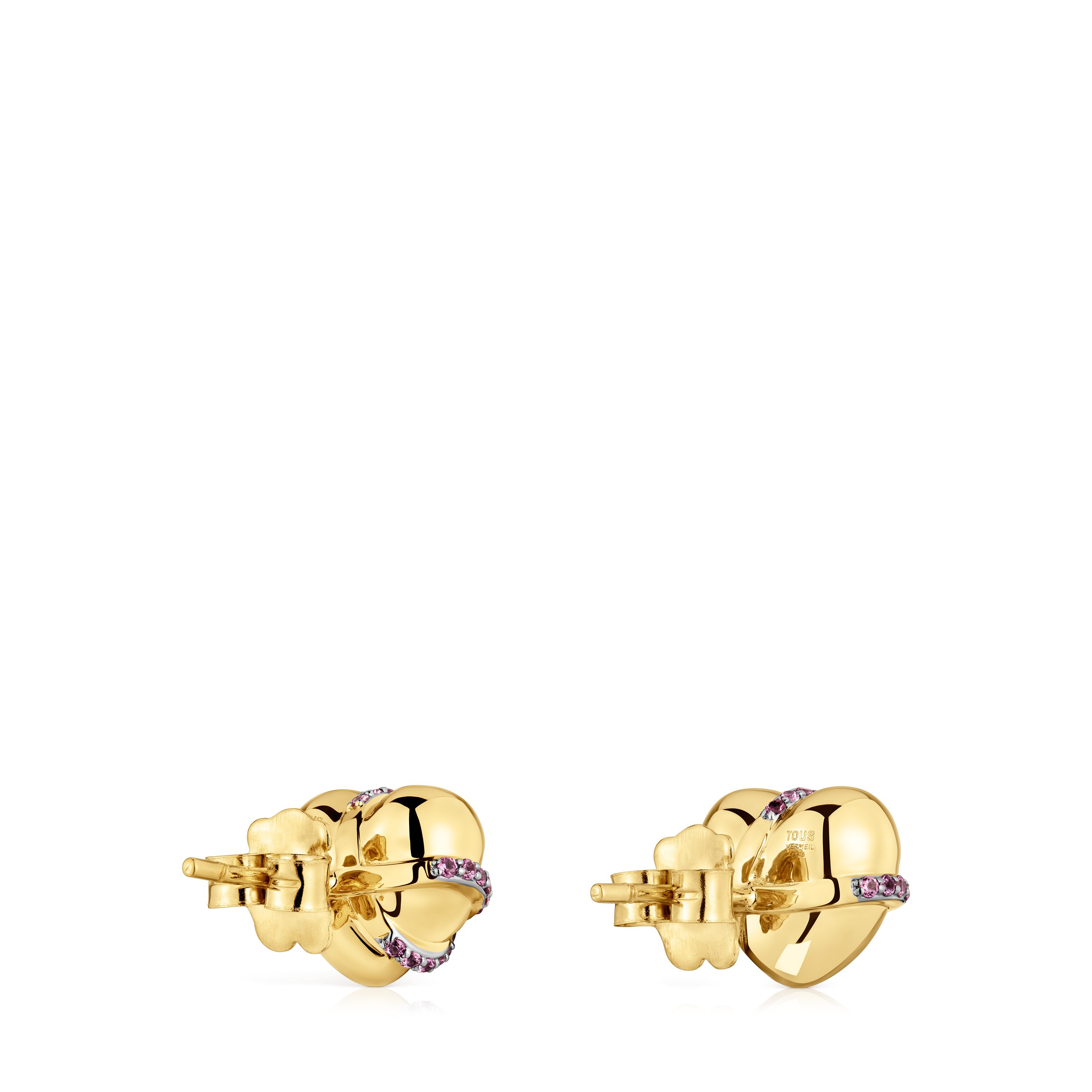 Pendientes pequeños corazón con baño de oro 18 kt sobre plata y rodolita Lligat