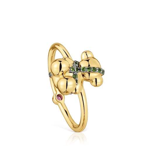Medium 18kt gold-plated silver bear Ring with rhodolite Lligat