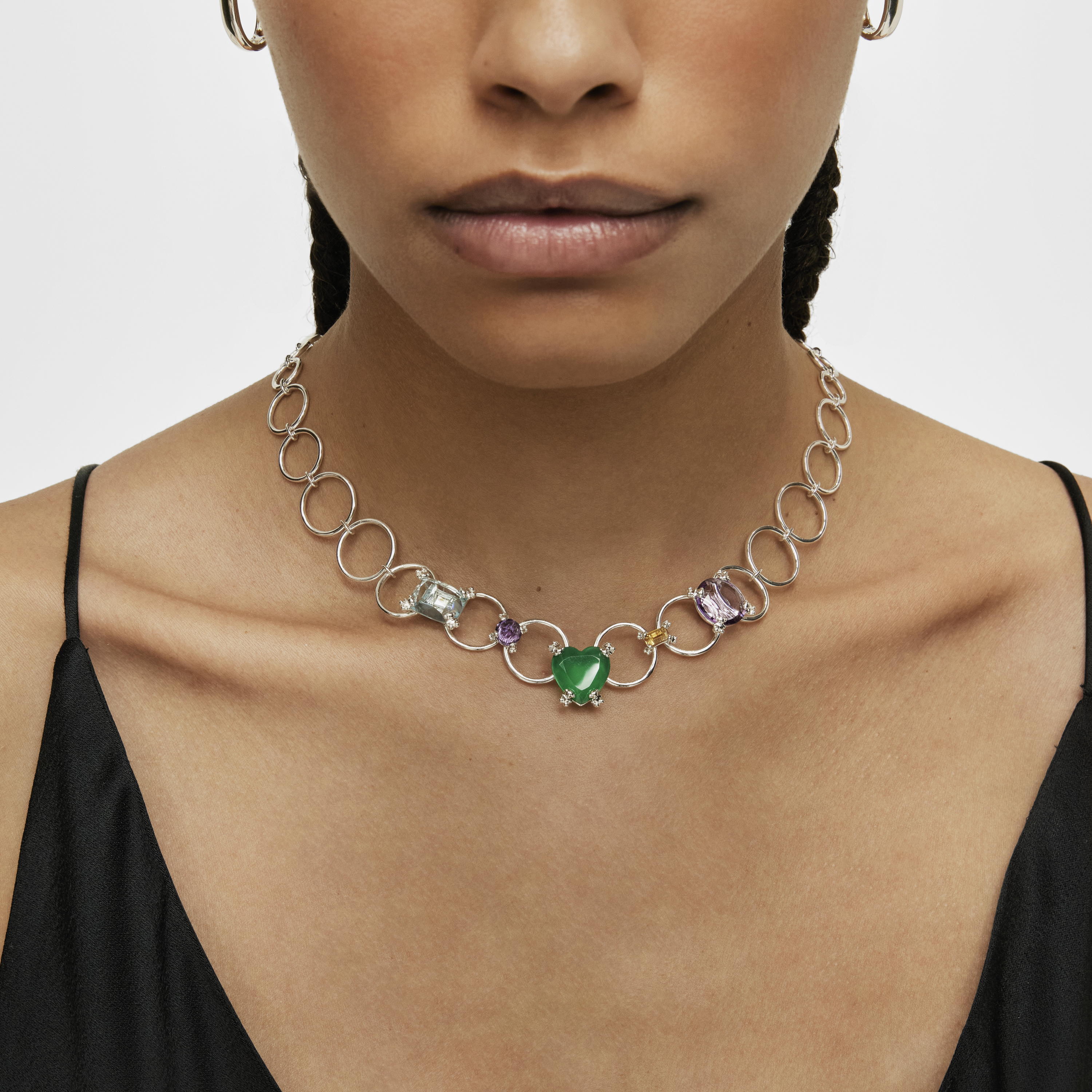 Silver Color Pills Ring necklace with gemstones