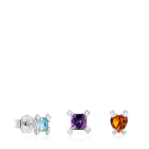 Pack de tres pendientes de plata y gemas Color Pills