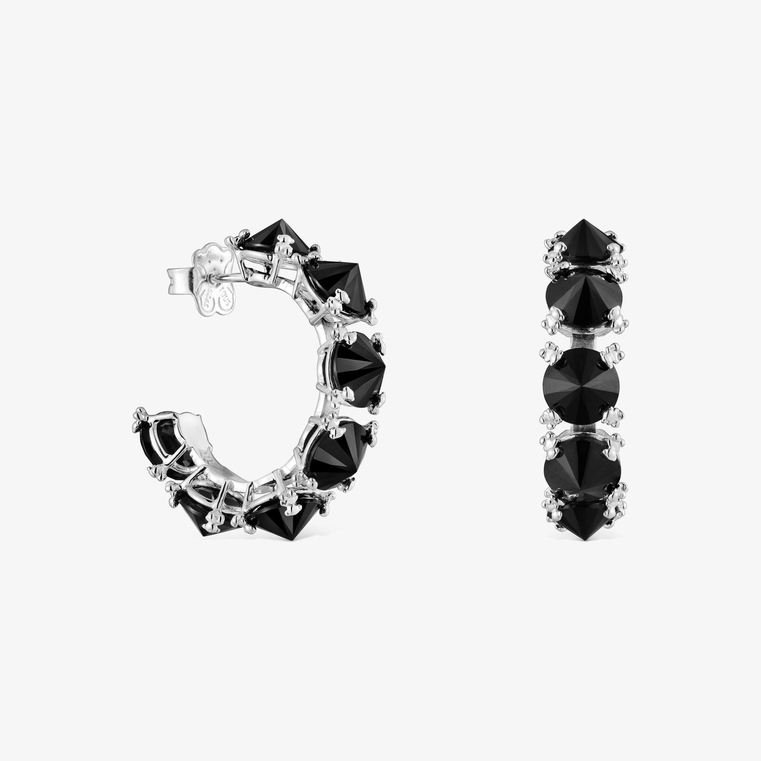 silver Color Pills Hoop earrings with onyx