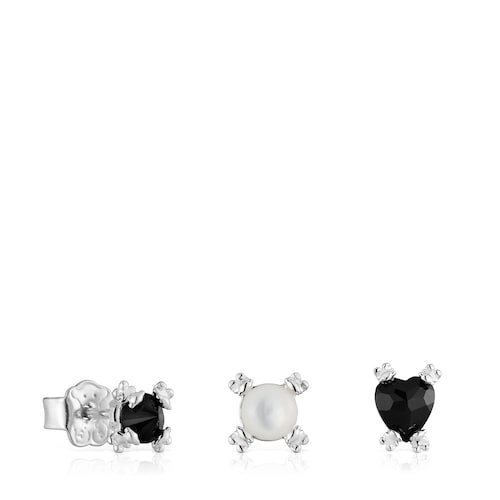 Set of three silver Color Pills Earrings with onyx and mother-of-pearl