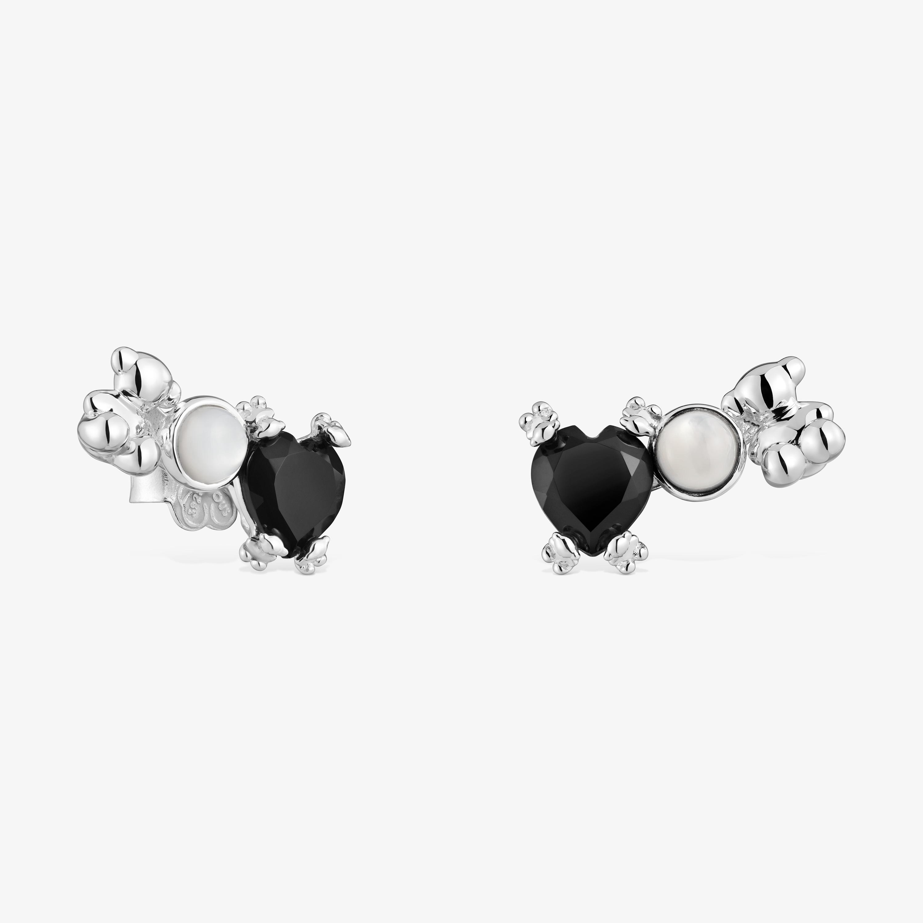Silver Color Pills Climber earrings with bear and with onyx and mother-of-pearl