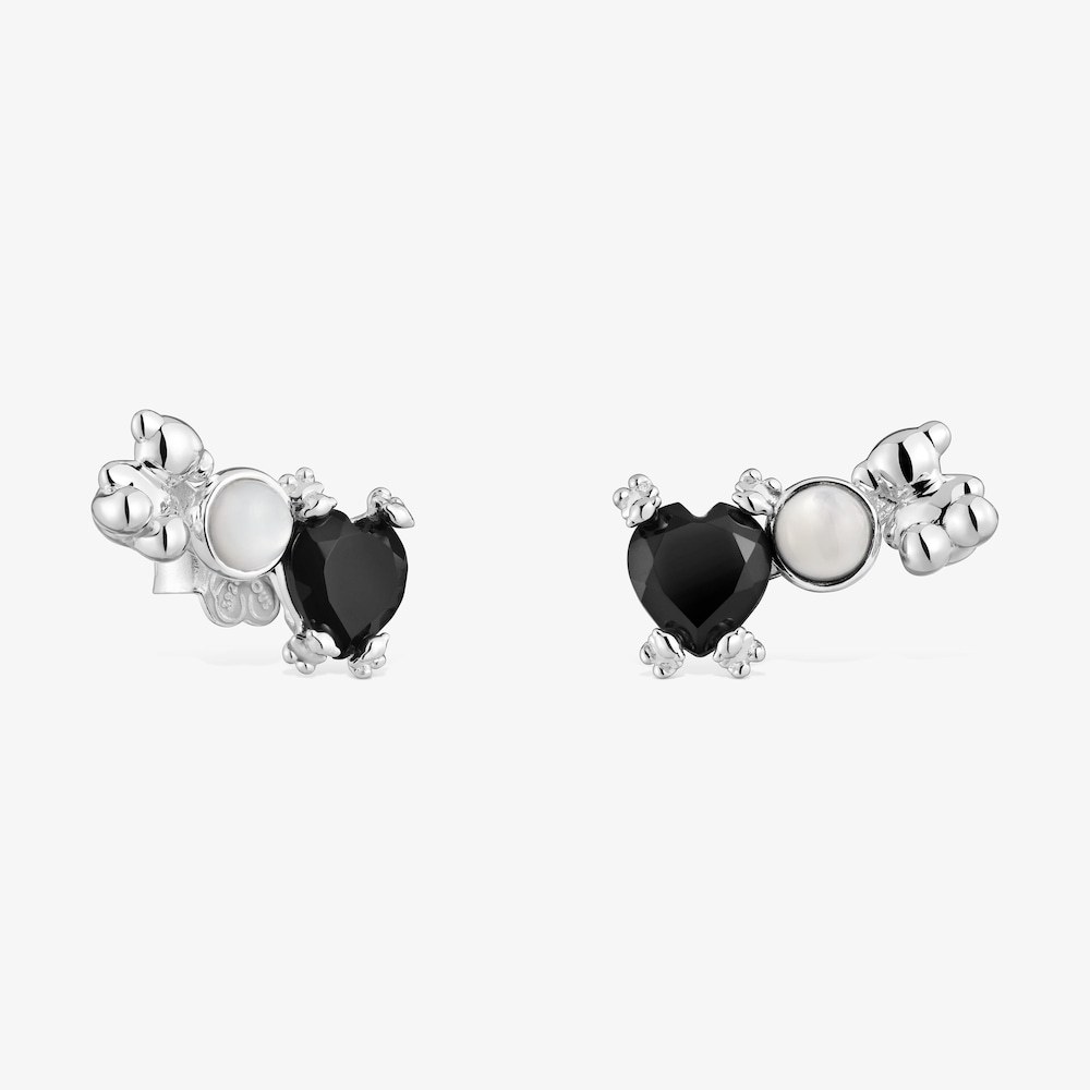Silver Color Pills Climber earrings with bear and with onyx and mother-of-pearl