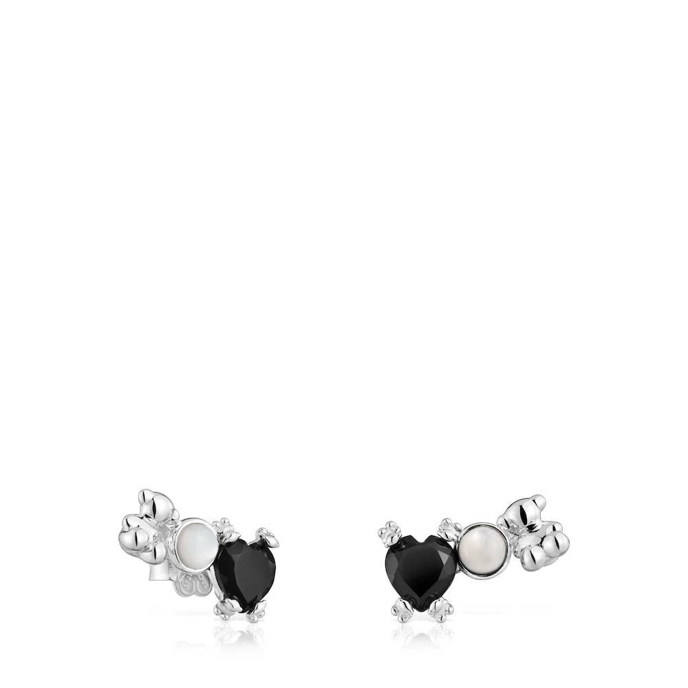 Pendientes trepadores con oso de plata, ónix y nácar Color Pills Pendientes trepadores con oso de plata, ónix y nácar Color Pills