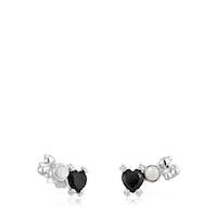 Silver Color Pills Climber earrings with bear and with onyx and mother-of-pearl