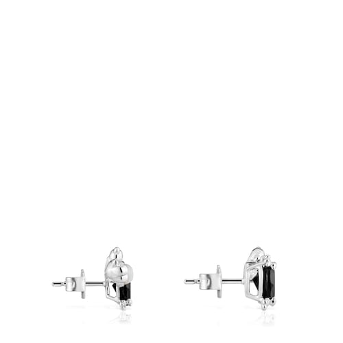 Silver Color Pills Climber earrings with bear and with onyx and mother-of-pearl