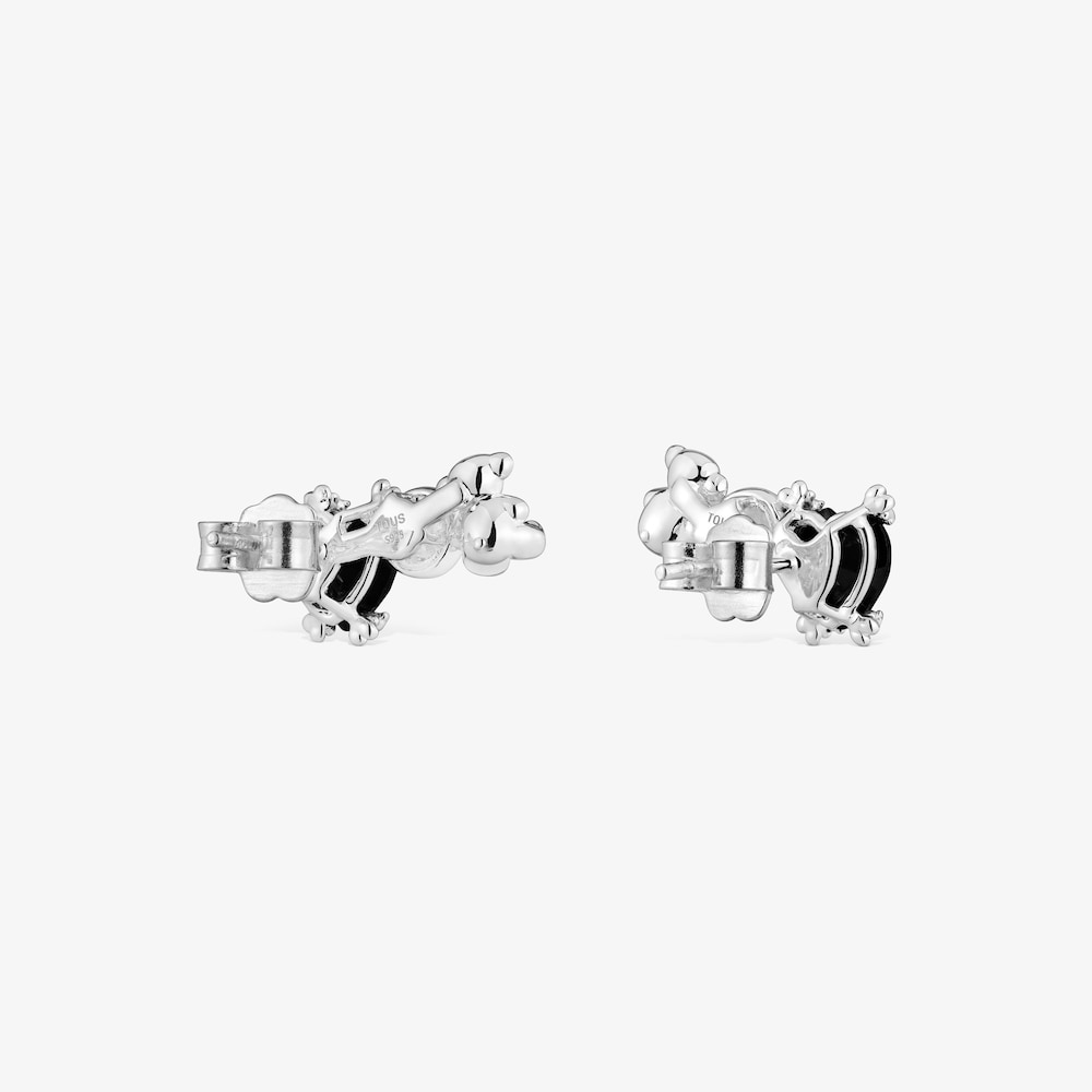 Silver Color Pills Climber earrings with bear and with onyx and mother-of-pearl