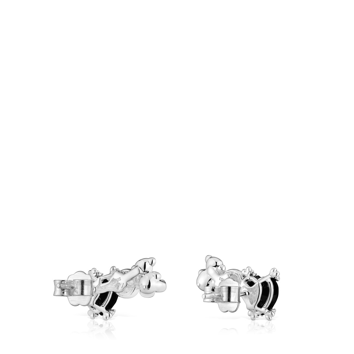 Silver Color Pills Climber earrings with bear and with onyx and mother-of-pearl