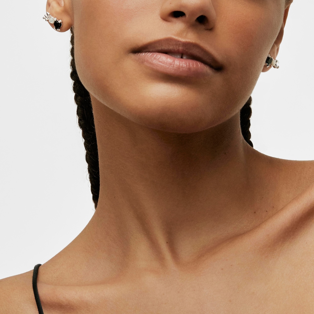 Silver Color Pills Climber earrings with bear and with onyx and mother-of-pearl