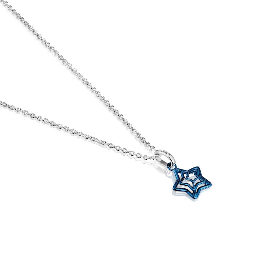 Collar de plata y triple estrella de acero IP azul Bickie image number 2