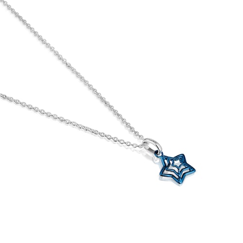 Collar de plata y triple estrella de acero IP azul Bickie
