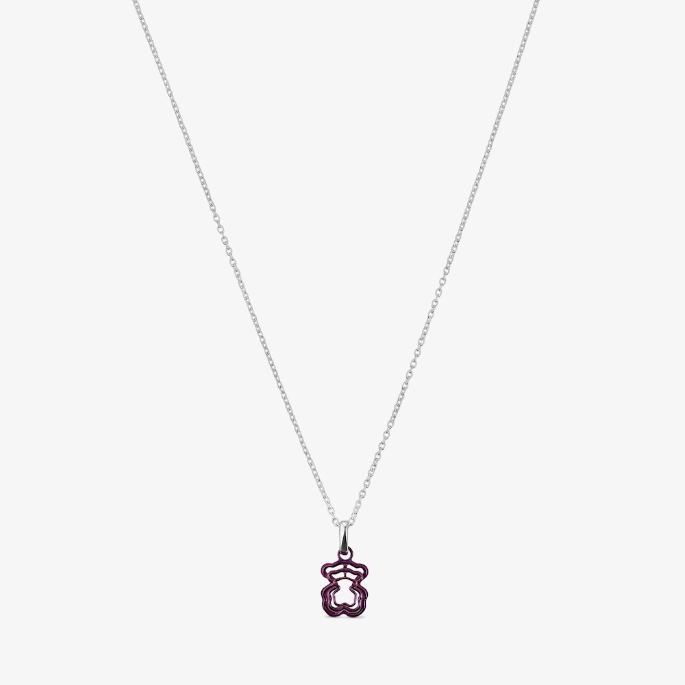 Collar de plata y triple oso de acero IP morado Bickie