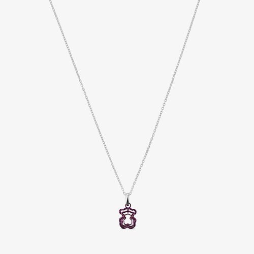 Collar de plata y triple oso de acero IP morado Bickie