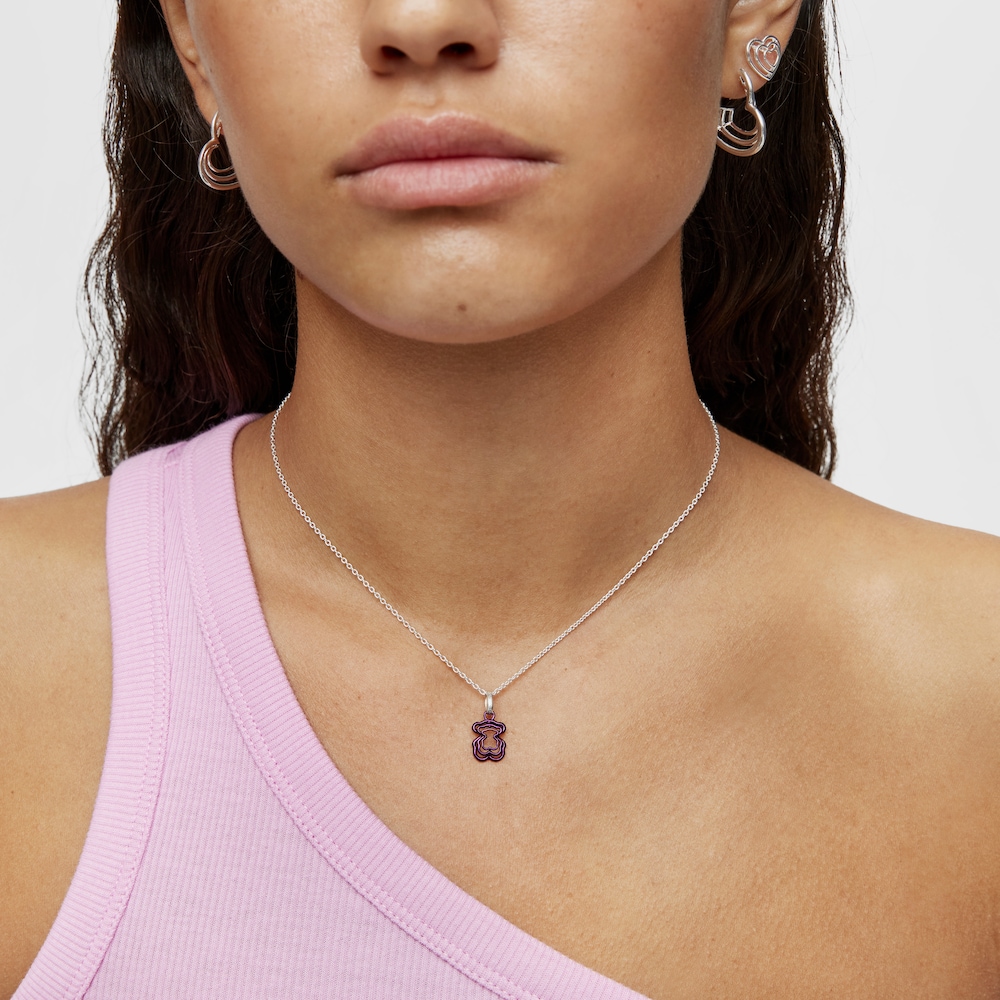 Collar de plata y triple oso de acero IP morado Bickie