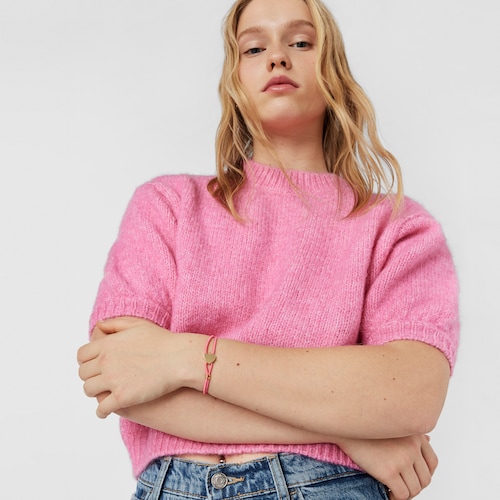 Pulseira el&aacute;stica f&uacute;csia com cora&ccedil;&atilde;o em prata vermeil Sweet Dolls