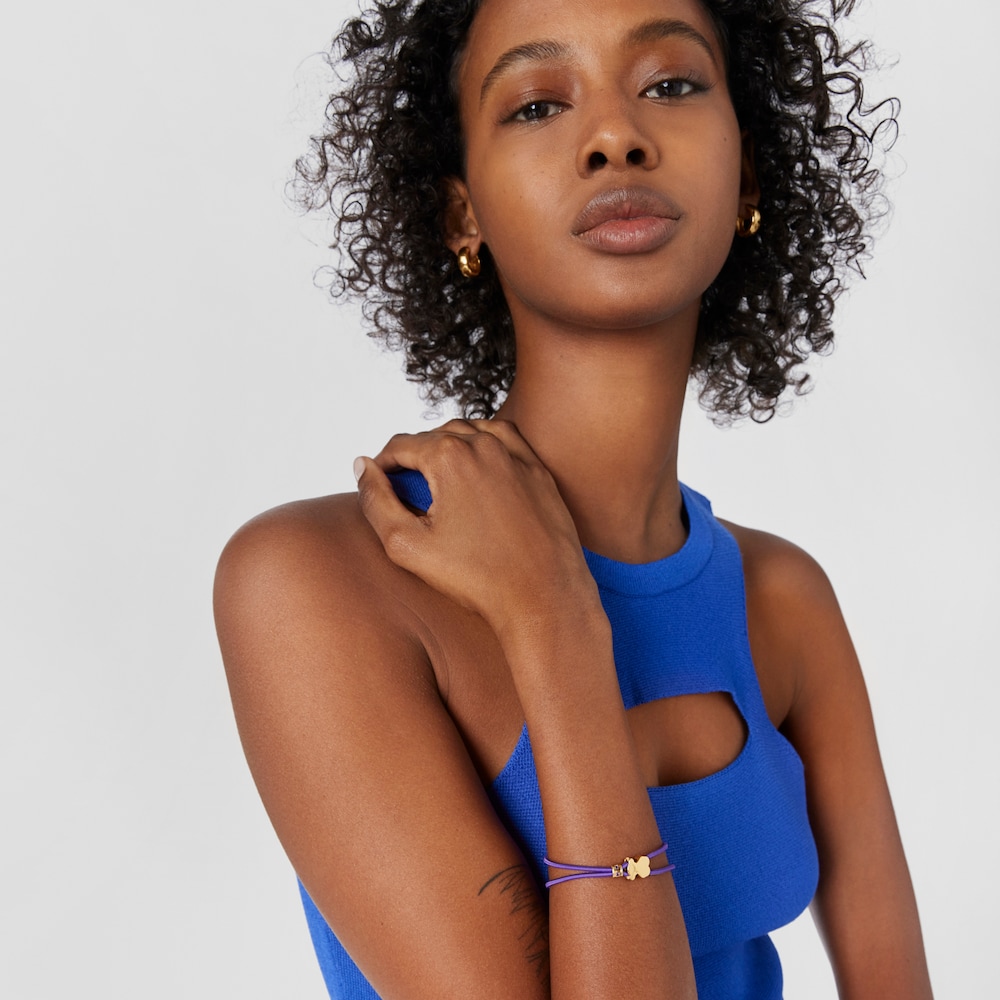 Liliowa elastyczna bransoletka z misiem ze srebra vermeil Sweet Dolls