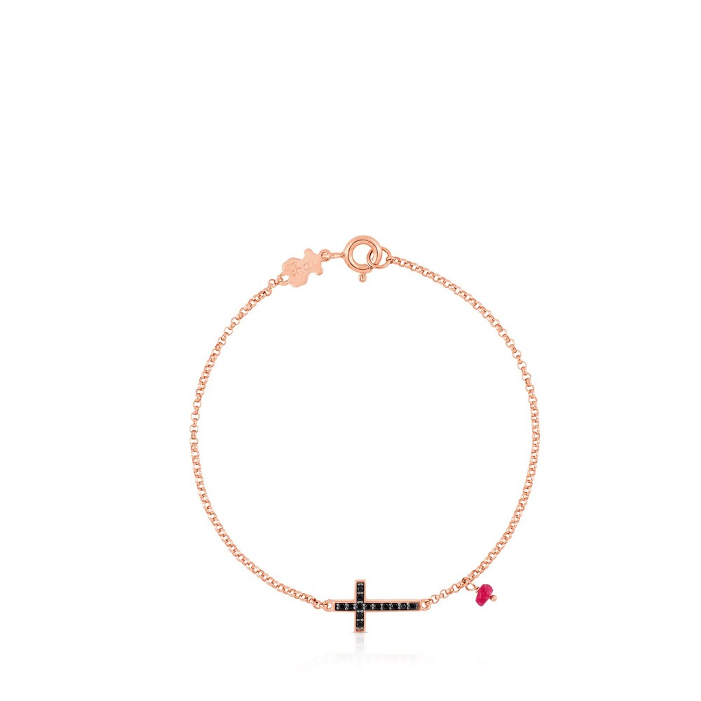 Pulsera con ba&ntilde;o de oro rosa 18 kt sobre plata, espinela y rub&iacute; tratado motivo cruz Motif