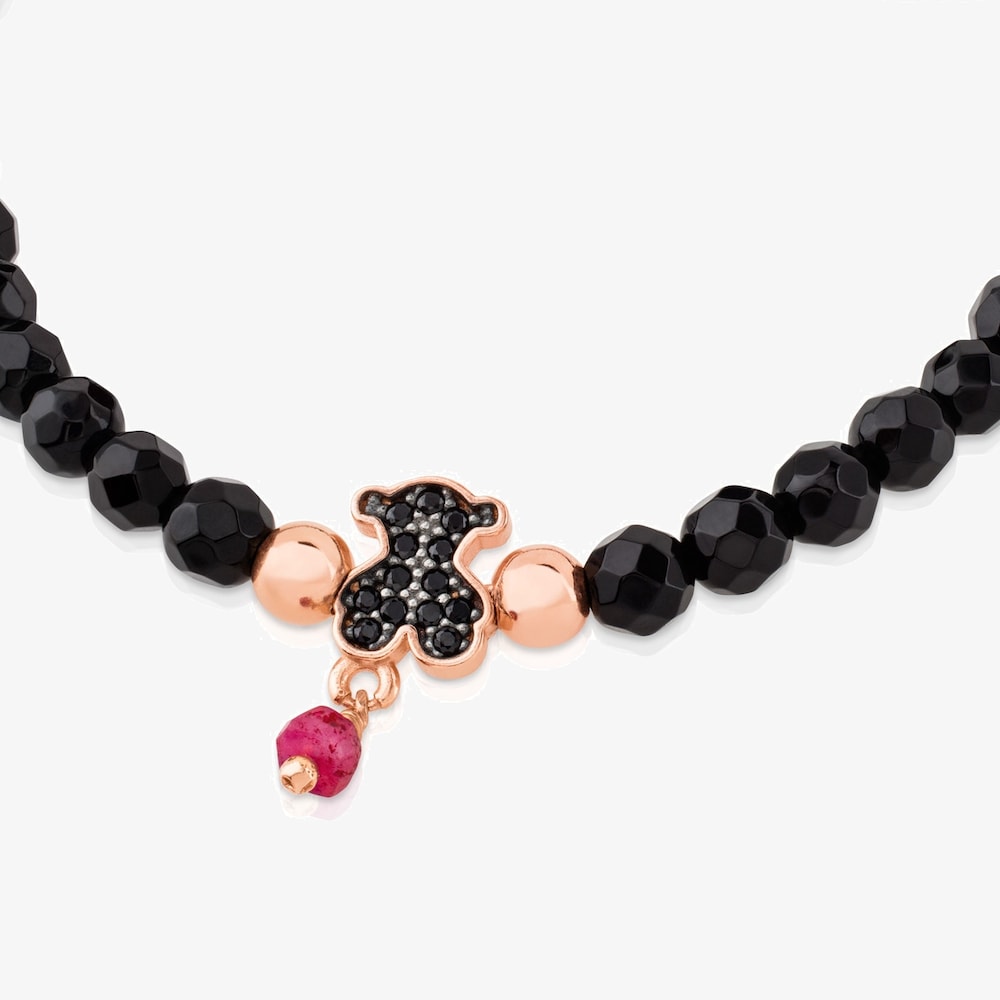 Bracciale con placcatura in oro rosa 18 kt su argento, spinelli e onice sfaccettata motivo orsetto Motivo