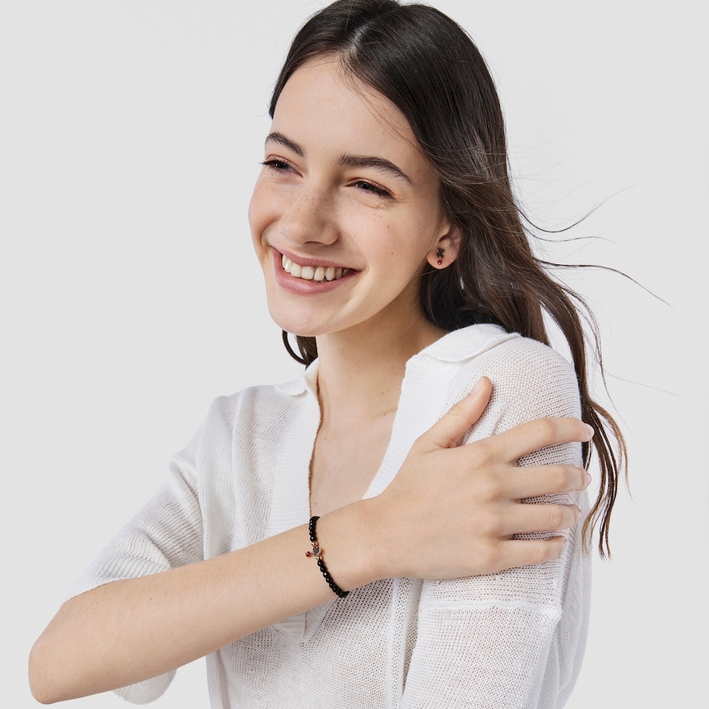 Tous Motif - Elastyczna bransoletka z r&oacute;żowego srebra Vermeil i fasetowanych onyks&oacute;w ze spinelami z rubinem