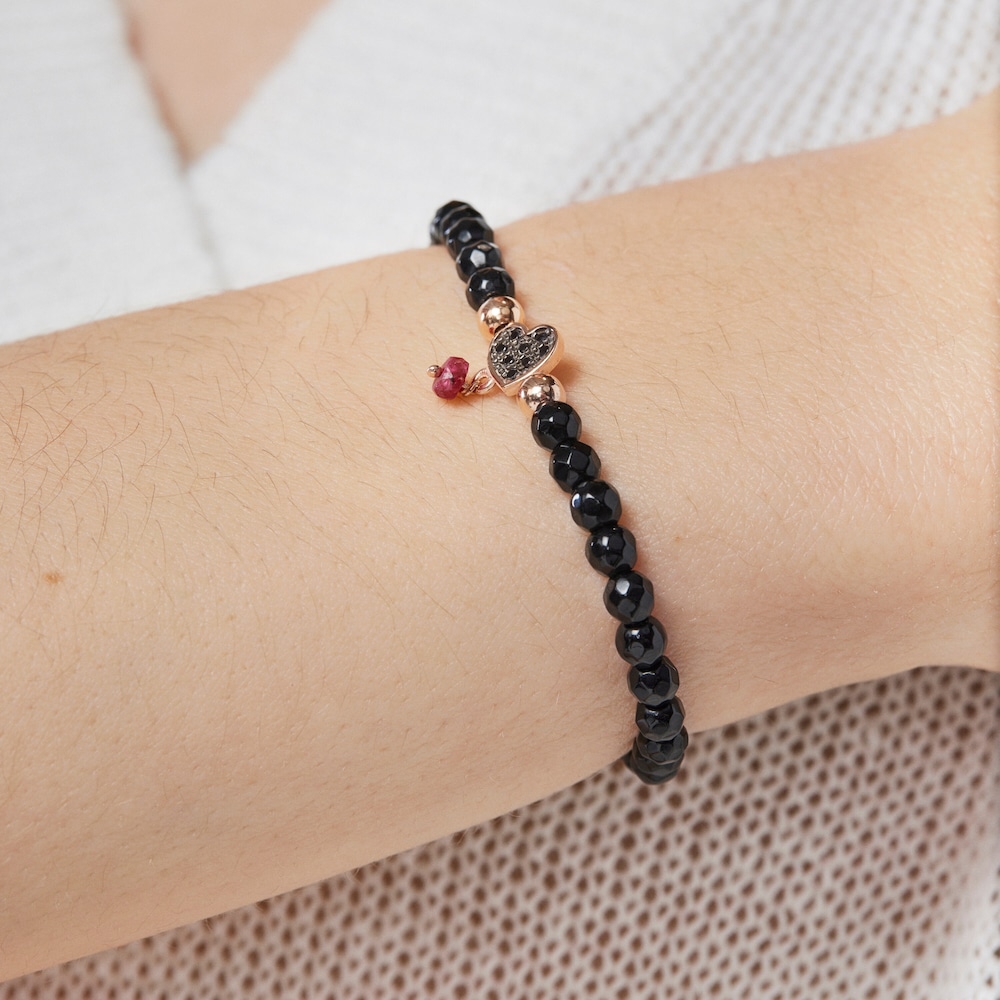 Tous Motif - Elastyczna bransoletka z r&oacute;żowego srebra Vermeil i fasetowanych onyks&oacute;w ze spinelami z rubinem