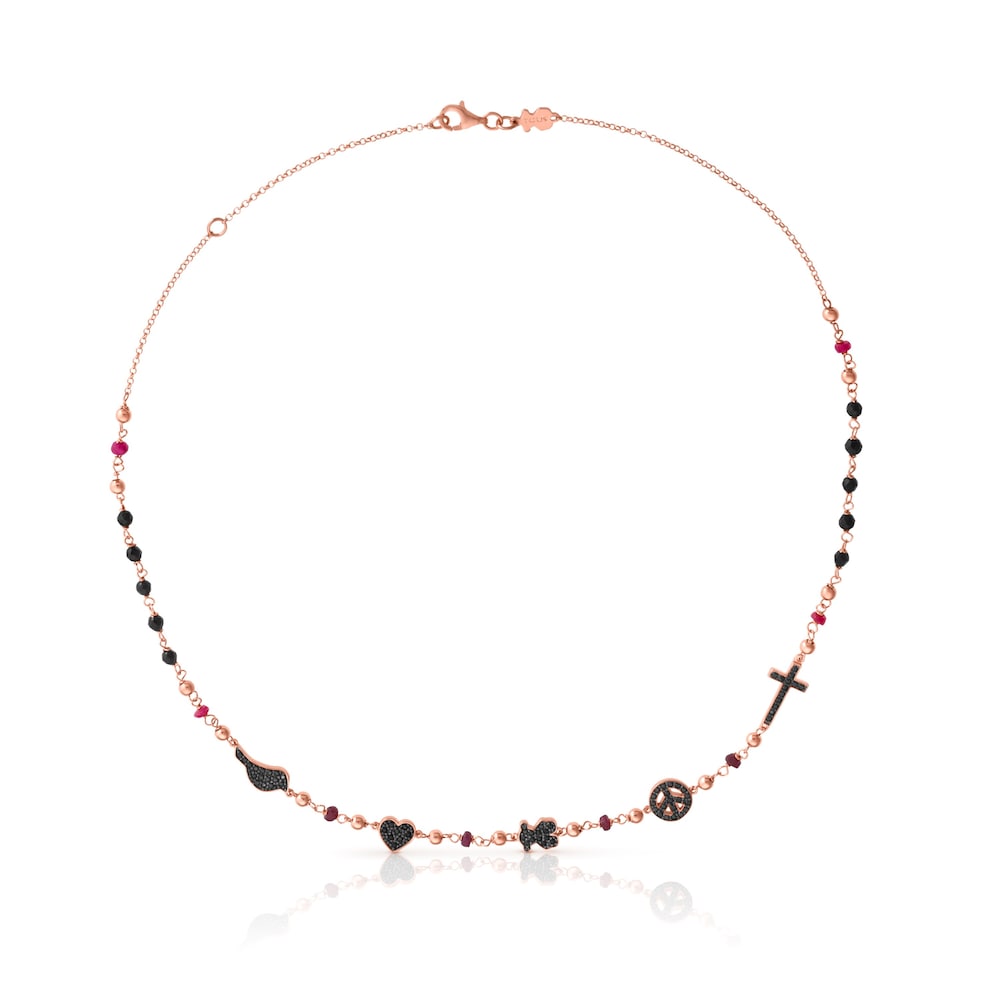 Tous Motif - Naszyjnik z r&oacute;żowego srebra Vermeil ze spinelami i rubinami z onyksami