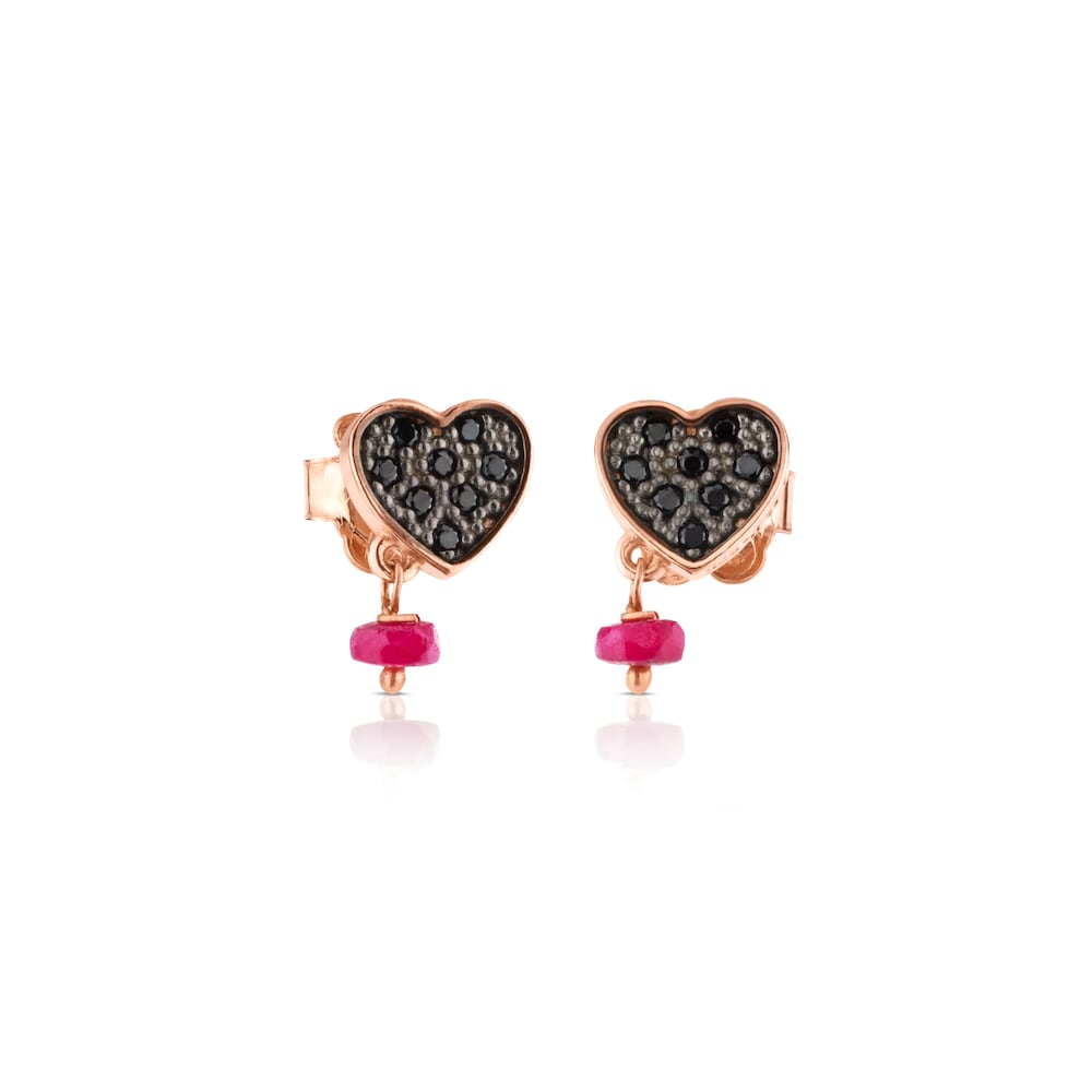 Rose Vermeil Silver TOUS Motif Earrings with Spinel and Ruby and Heart motif