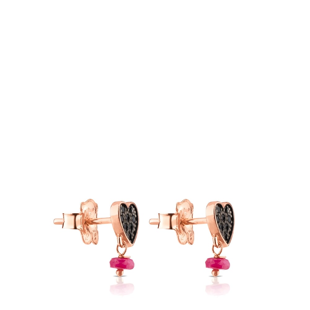 Pendientes con baño de oro rosa 18 kt sobre plata, espinelas y rubí glass filled con motivo corazón Motif Pendientes con baño de oro rosa 18 kt sobre plata, espinelas y rubí glass filled con motivo corazón Motif