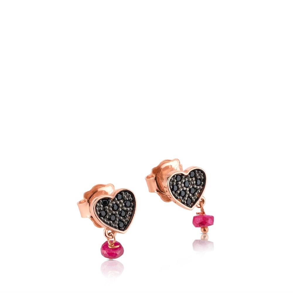 Pendientes con baño de oro rosa 18 kt sobre plata, espinelas y rubí glass filled con motivo corazón Motif Pendientes con baño de oro rosa 18 kt sobre plata, espinelas y rubí glass filled con motivo corazón Motif
