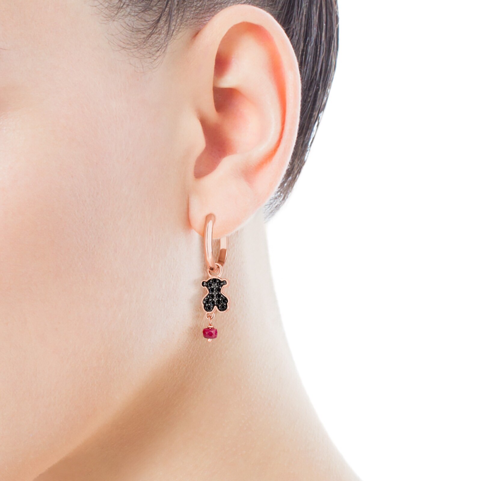 Rose Vermeil Silver TOUS Motif Earrings with Spinel and Ruby and Bear motif