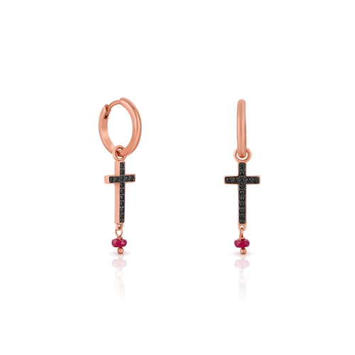 Rose Vermeil Silver TOUS Motif Earrings with Spinel and Ruby and Cross motif image number 0