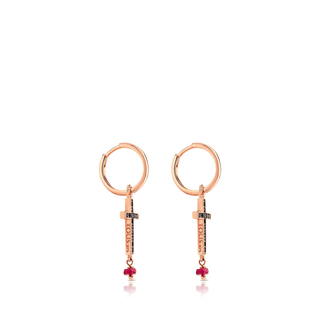 Rose 18K gold vermeil TOUS Motif Earrings with Spinel and Ruby and Cross motif