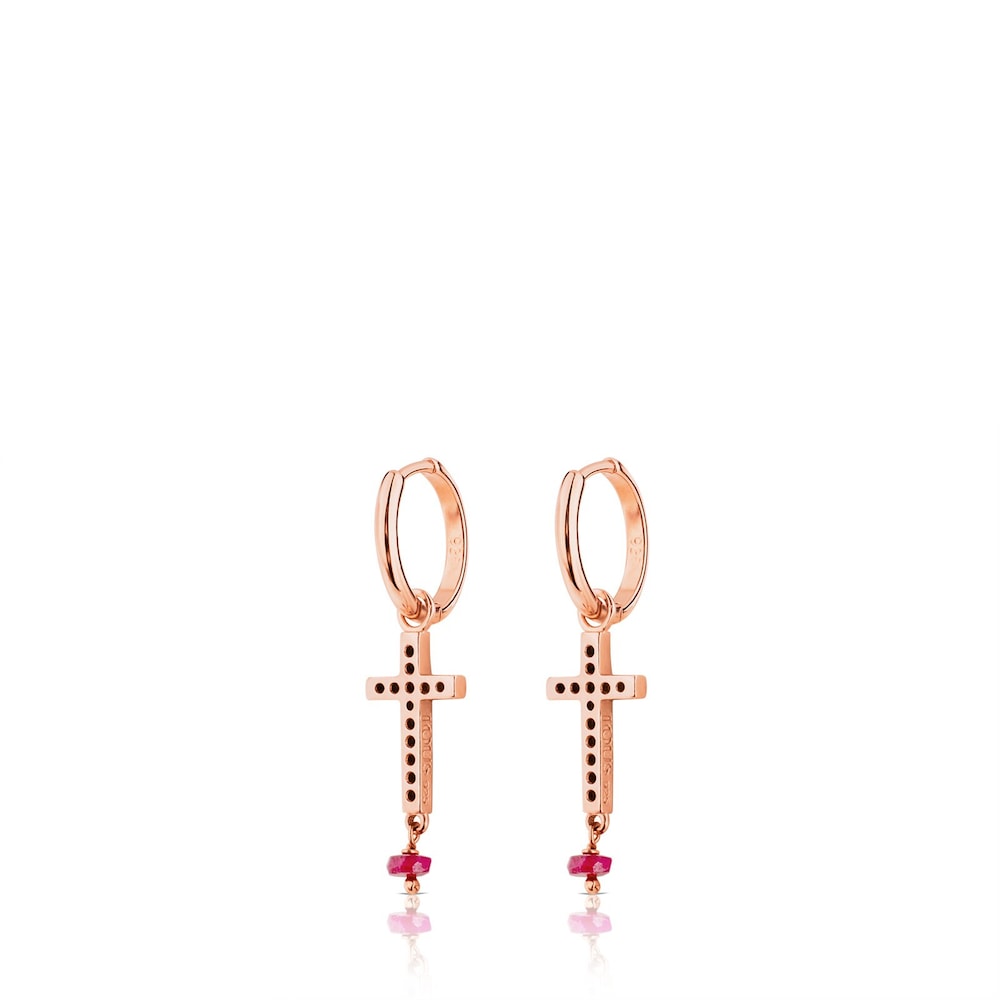 Rose 18K gold vermeil TOUS Motif Earrings with Spinel and Ruby and Cross motif