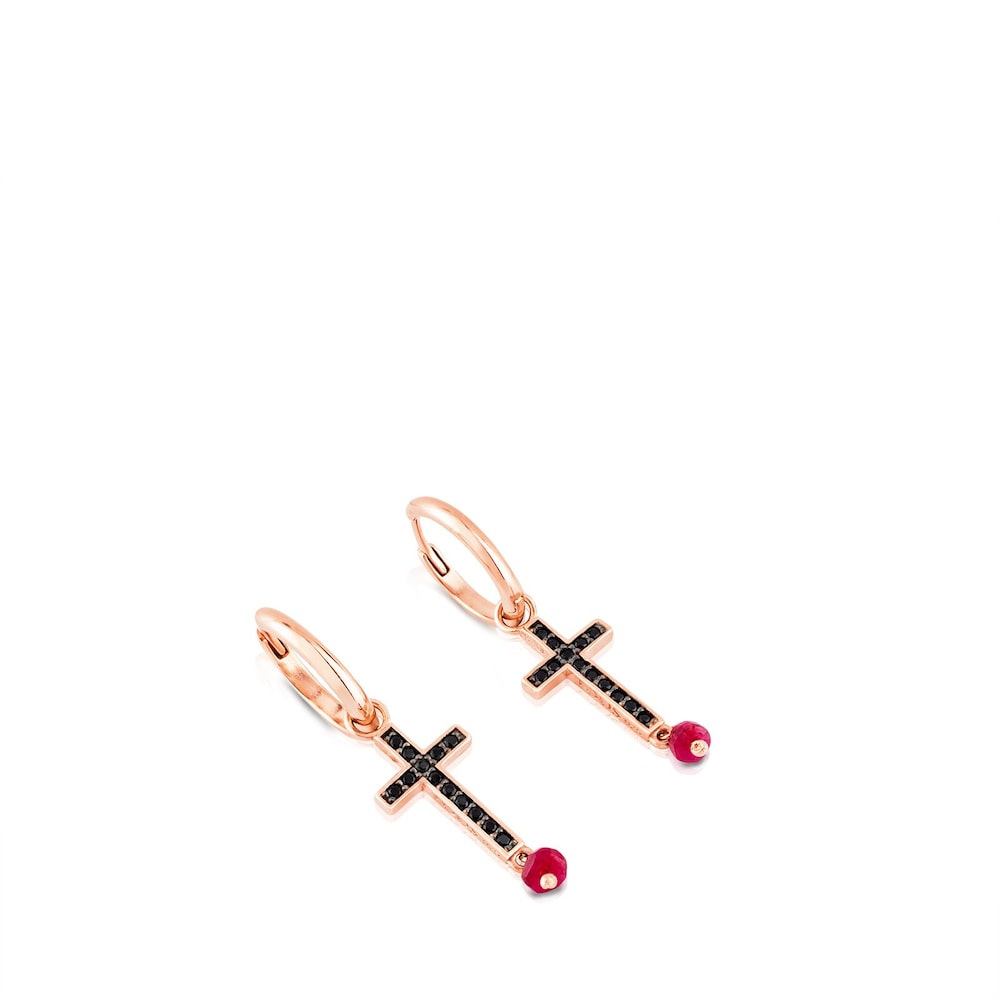 Rose 18K gold vermeil TOUS Motif Earrings with Spinel and Ruby and Cross motif