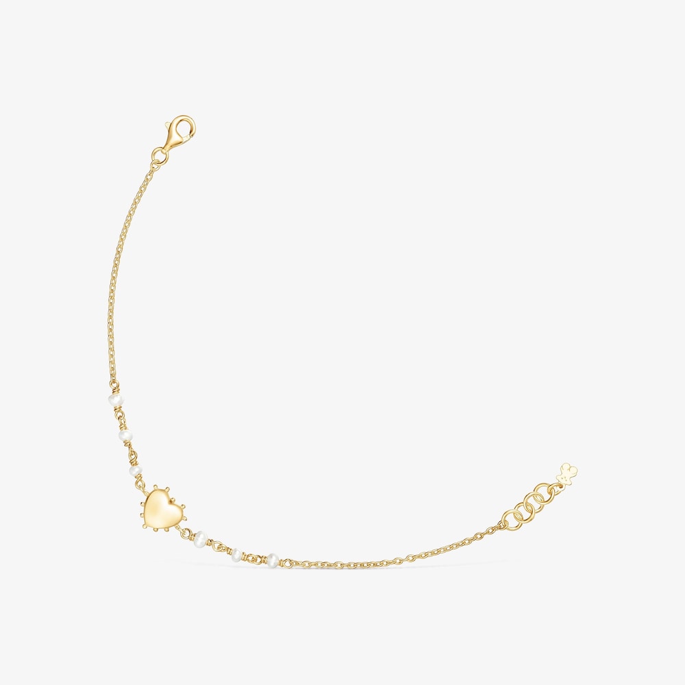 Pulsera con ba&ntilde;o de oro 18 kt sobre plata y perlas cultivadas coraz&oacute;n San Valent&iacute;n