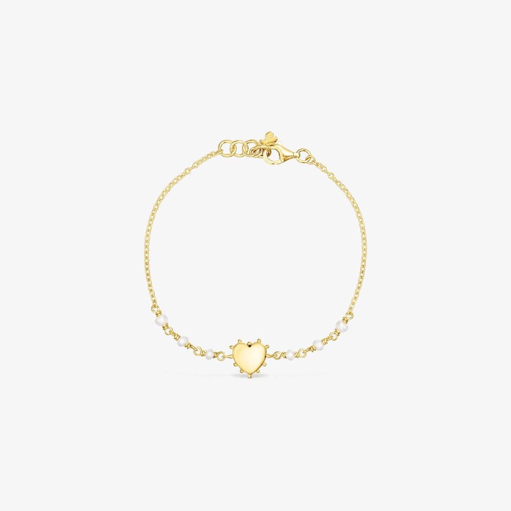 Pulsera con ba&ntilde;o de oro 18 kt sobre plata y perlas cultivadas coraz&oacute;n San Valent&iacute;n