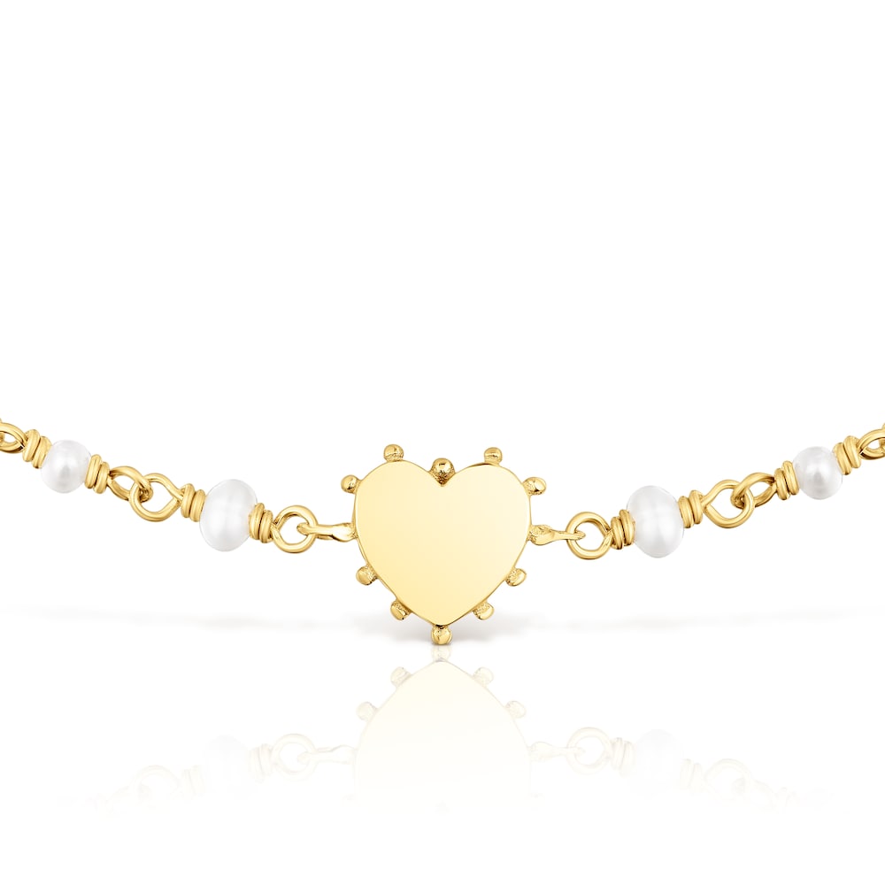 Pulsera con ba&ntilde;o de oro 18 kt sobre plata y perlas cultivadas coraz&oacute;n San Valent&iacute;n