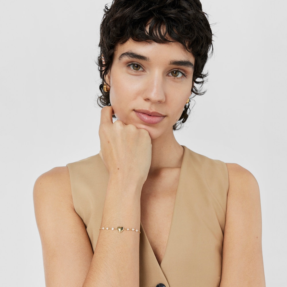Pulsera con ba&ntilde;o de oro 18 kt sobre plata y perlas cultivadas coraz&oacute;n San Valent&iacute;n