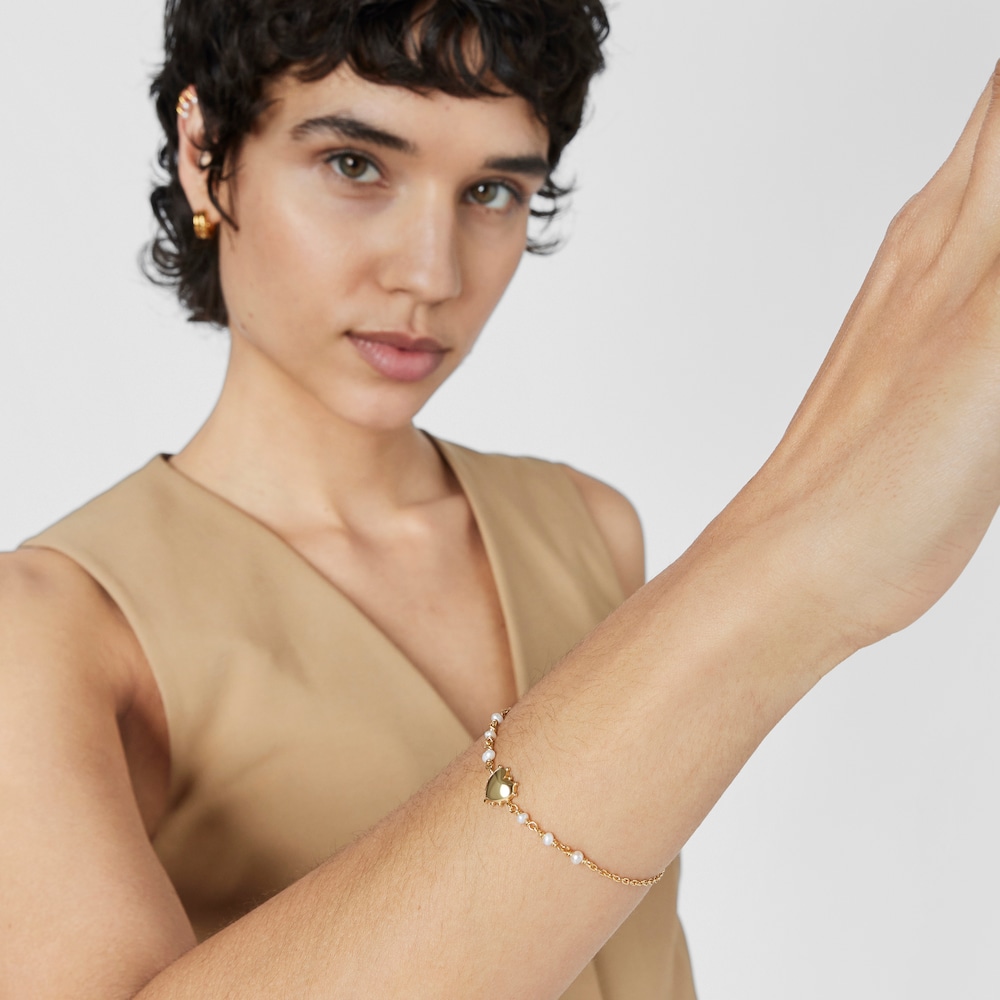 Pulsera con ba&ntilde;o de oro 18 kt sobre plata y perlas cultivadas coraz&oacute;n San Valent&iacute;n
