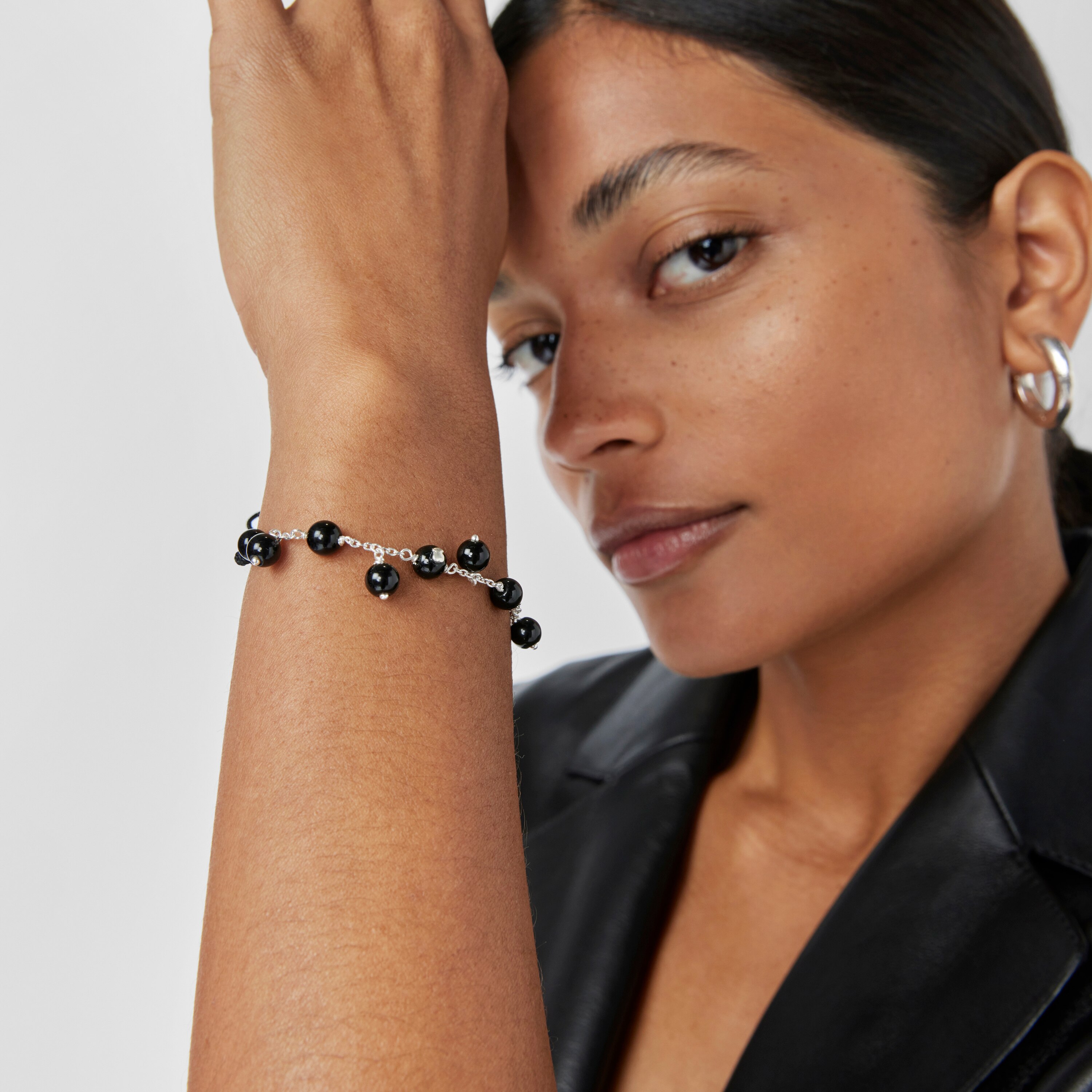 Silver, onyx and black nylon Bracelet Icon Glass