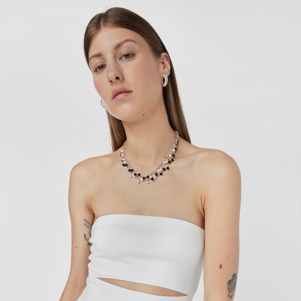 Silver, onyx and black nylon Necklace Icon Glass