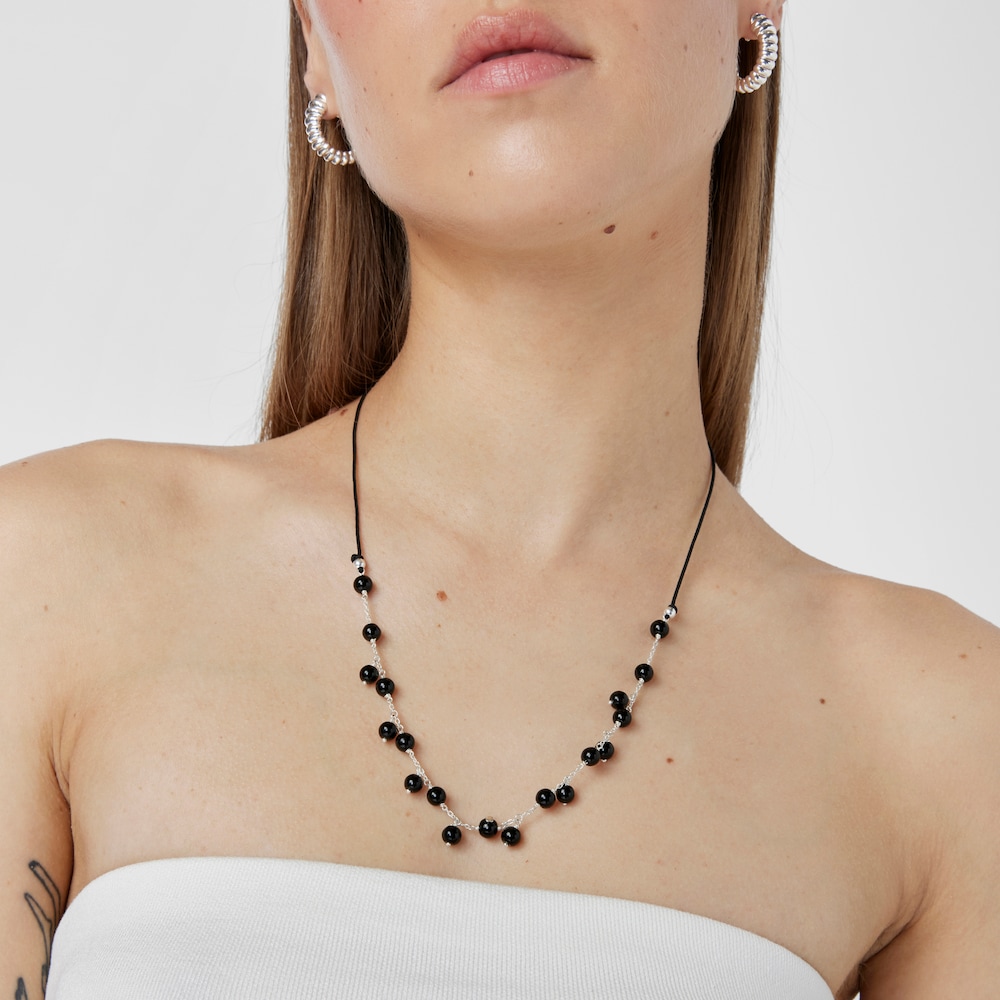 Silver, onyx and black nylon Necklace Icon Glass