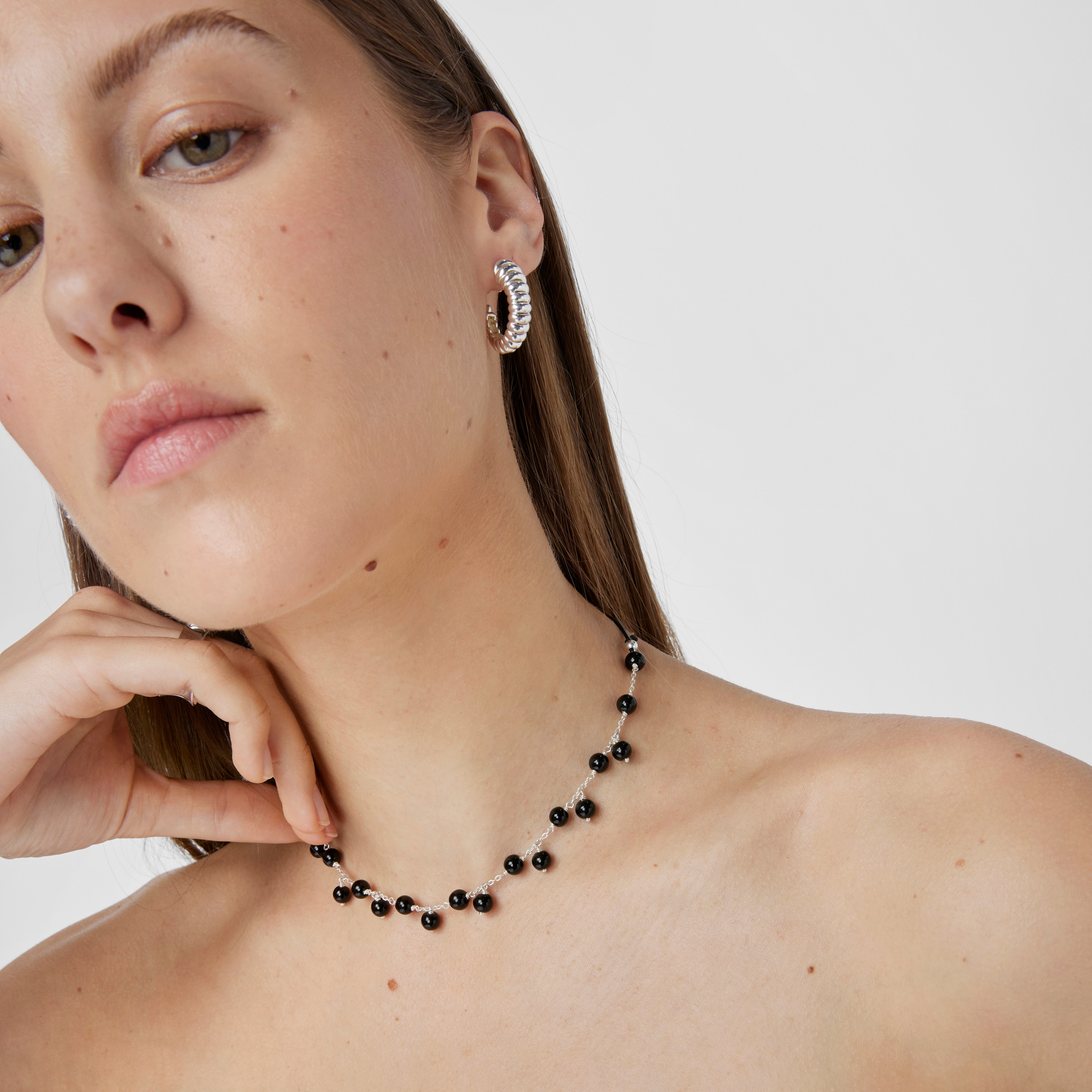 Silver, onyx and black nylon Necklace Icon Glass