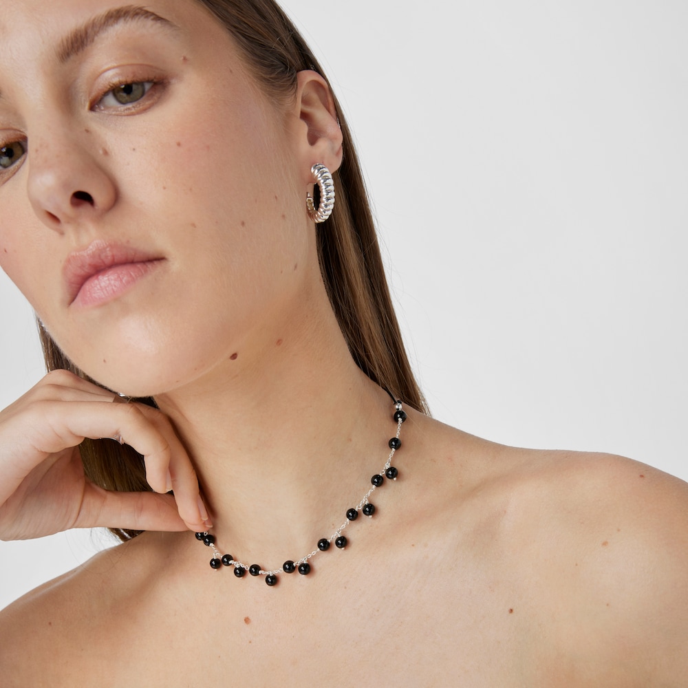 Silver, onyx and black nylon Necklace Icon Glass