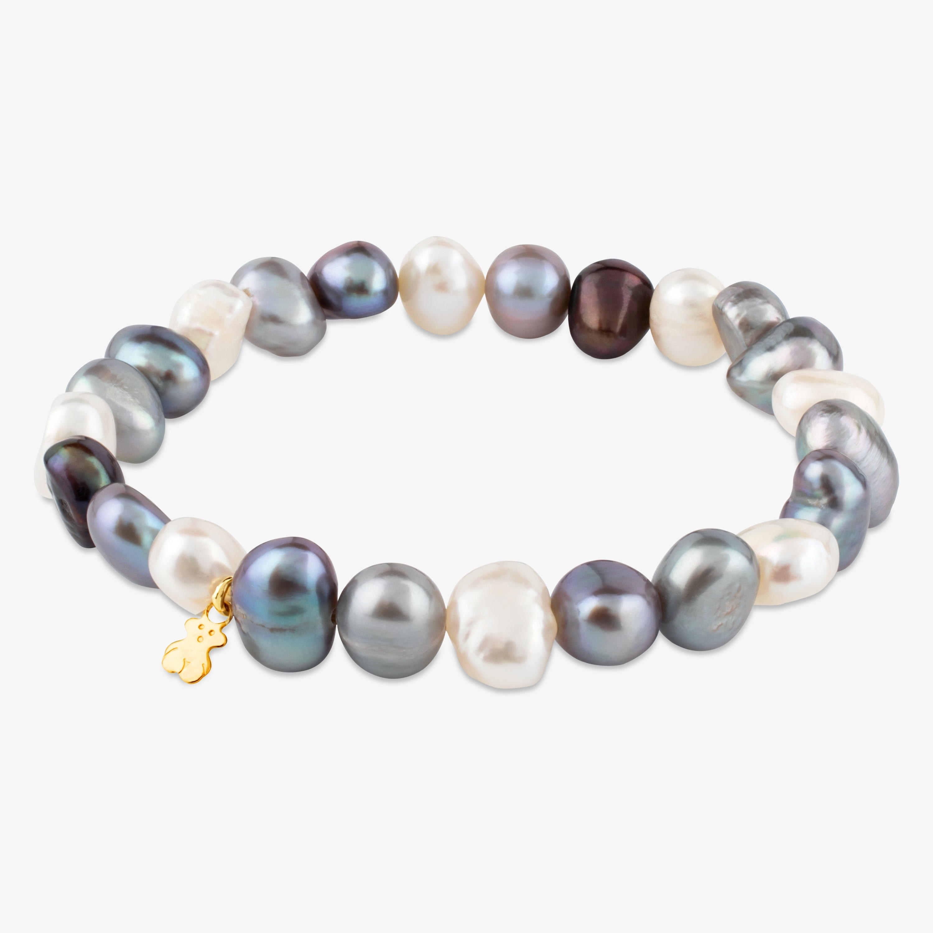  gold Sweet Dolls Bracelet with 18K white, grey and blue baroque pearls and Bear motif
