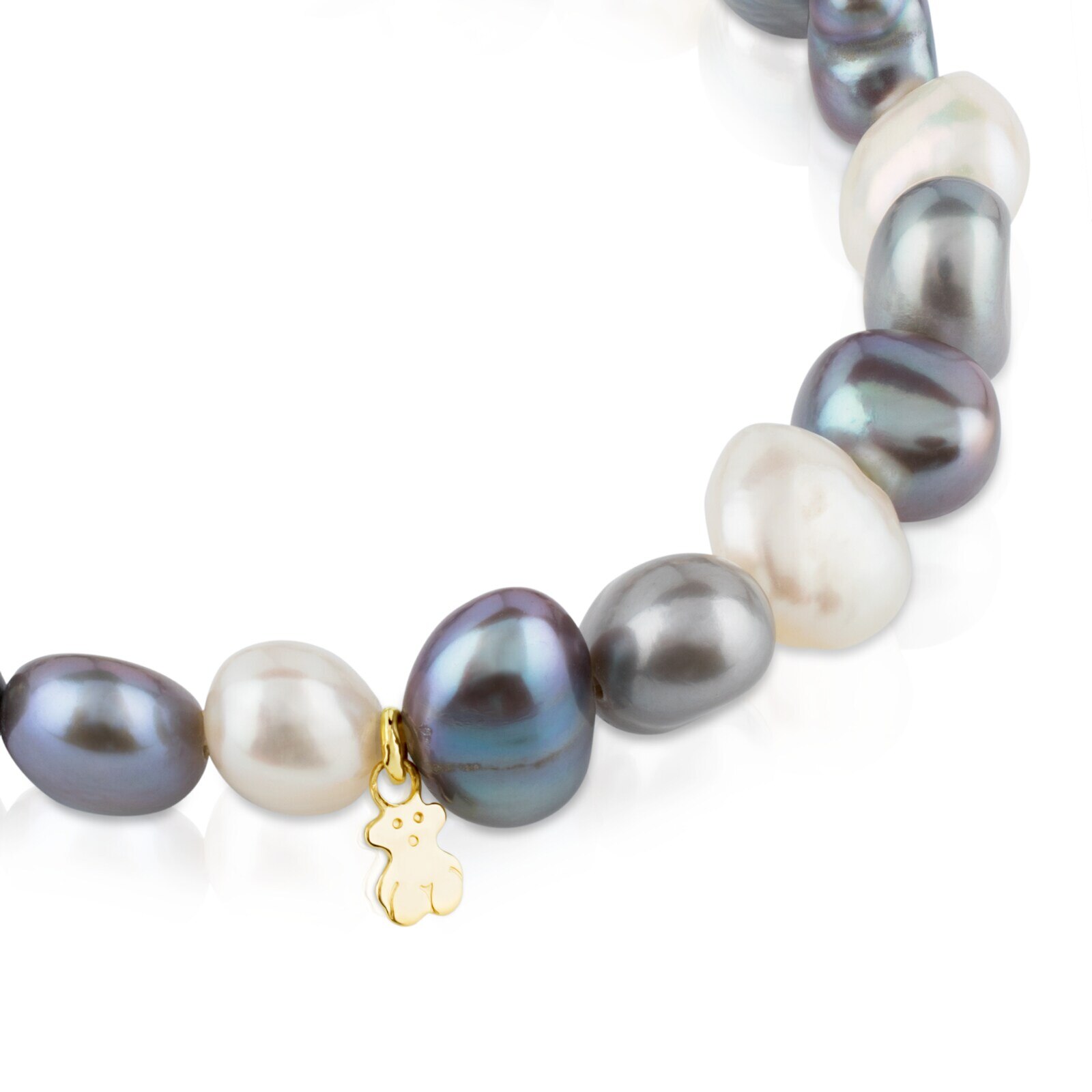  gold Sweet Dolls Bracelet with 18K white, grey and blue baroque pearls and Bear motif